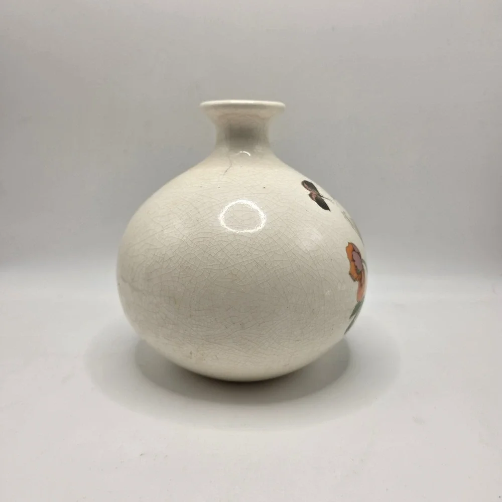 Vintage Satsuma Style Crackle Glaze Bud Vase Iris Butterfly Floral Ceramic Japan